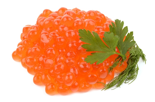 Red caviar on white background