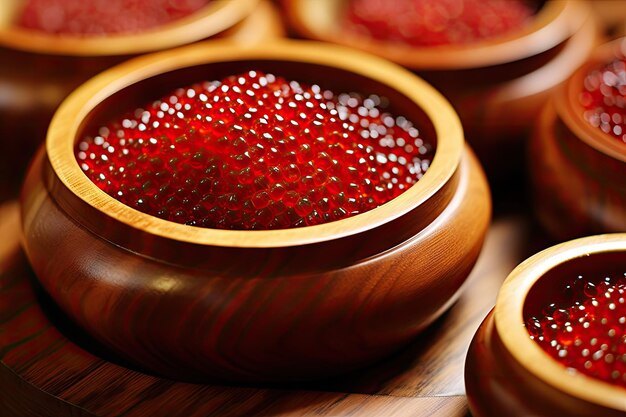 red caviar wooden dishes with caviar