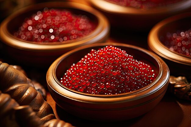 Photo red caviar wooden dishes with caviar