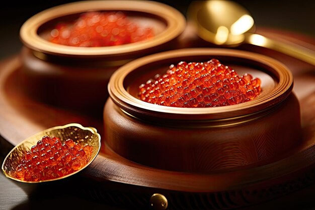 Photo red caviar wooden dishes with caviar