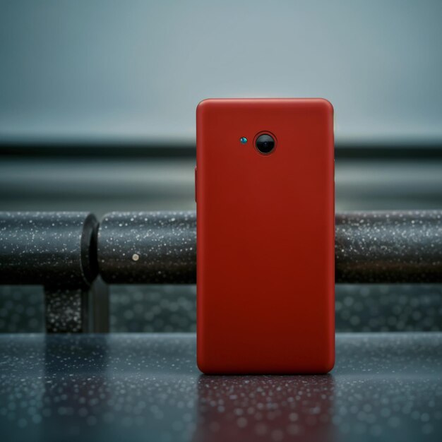 A red cell phone is placed on a metal bar