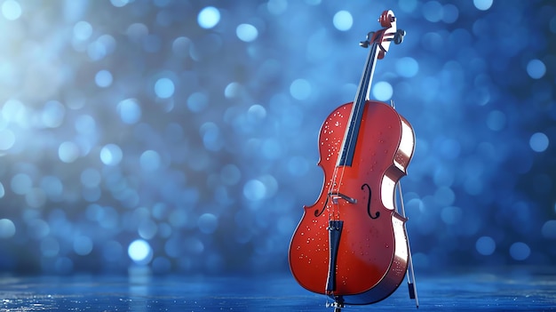 Photo red cello with a beautiful blue background the cello is sitting on a wet surface the image is very clean and simple