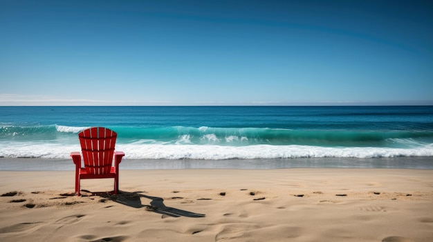 A red chair on a beach with the ocean in the background.