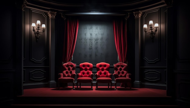 A red chair in a dark theater with a chinese text on the wall