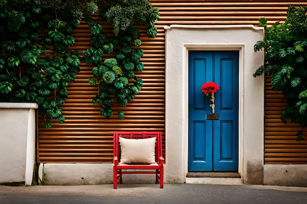 a red chair is next to a blue door with a red chair.