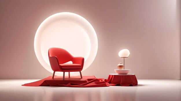 a red chair and a lamp in front of a round globe