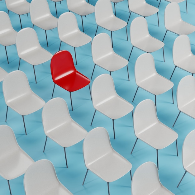 Photo a red chair in a large crowd of white chairs isometic 3d rendered