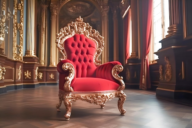 A red chair in a room with a large window behind it