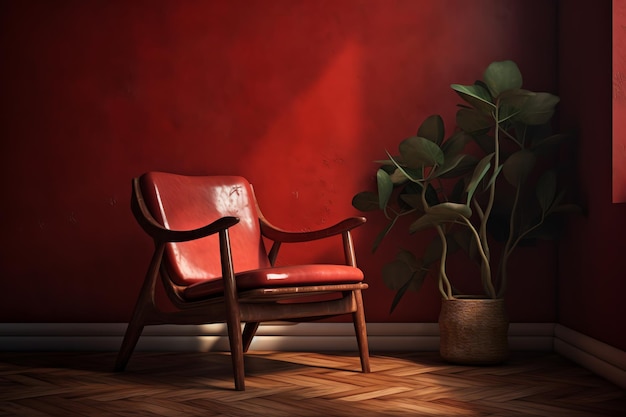 A red chair in a room with a plant