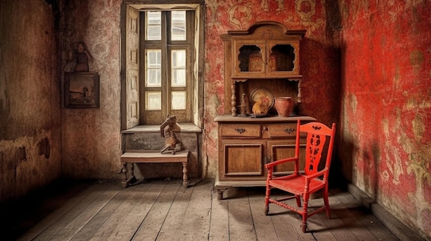 A red chair in a room with a window behind it