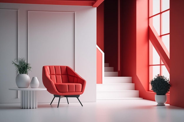 A red chair in a white room with a plant on the table.