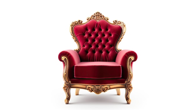 a red chair with a gold and red arm rests.
