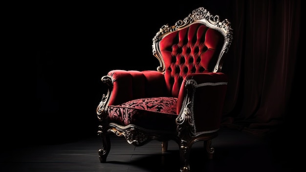 A red chair with a red cushion sits in a dark room.