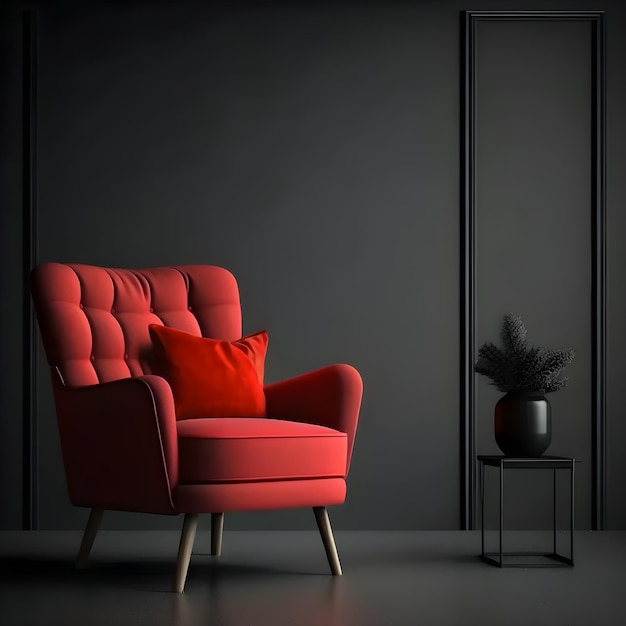A red chair with a red pillow sits in a dark room