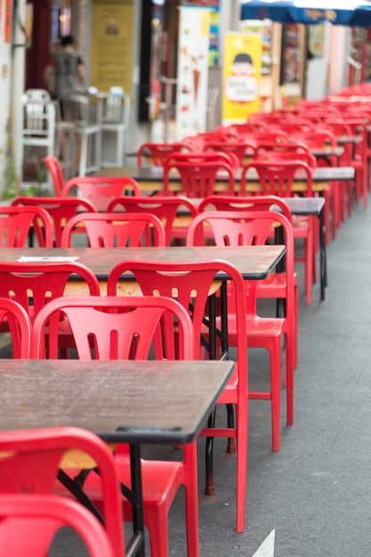 Red chairs, dining table