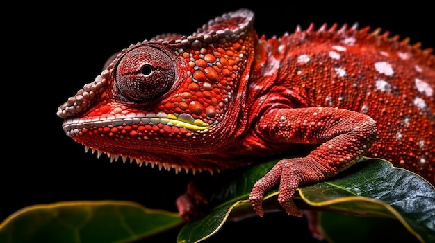 A red chameleon is sitting on a branch.
