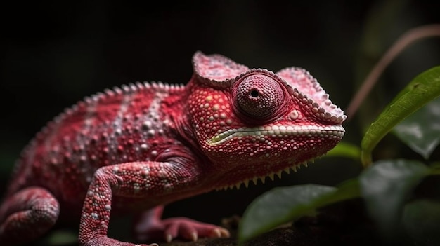 A red chameleon sits on a branch with its eyes closed.