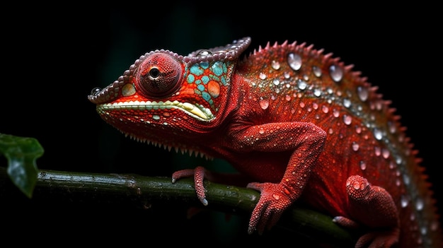 A red chameleon with a green head and red and blue eyes sits on a branch.