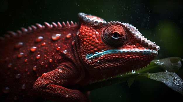 Photo a red chameleon with a green leaf on its head