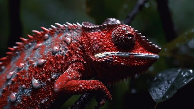 A red chameleon with a large eye and a large black eye.