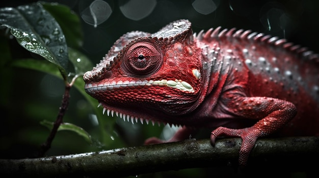 A red chameleon with a red face sits on a branch.