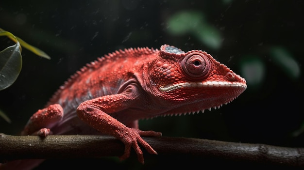 A red chameleon with a red head sits on a branch.