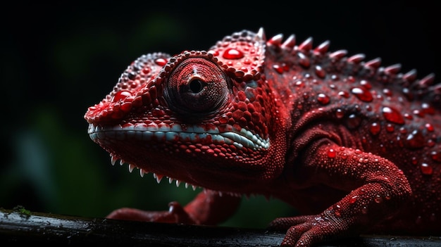 A red chameleon with sharp spikes on its head