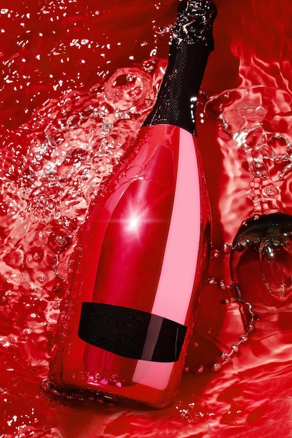 Red champagne bottle and glass in water