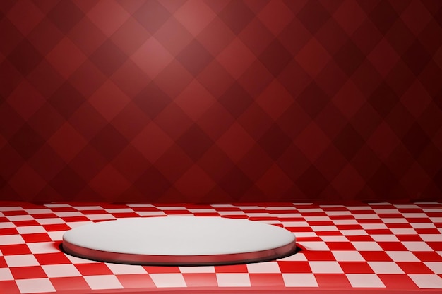 Red checkered pattern flooring and abstract product background stage podium with backdrops display