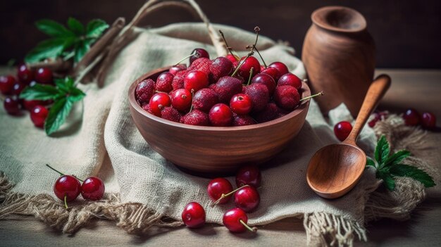 Red cherries in a bowl with a wooden spoon on a table