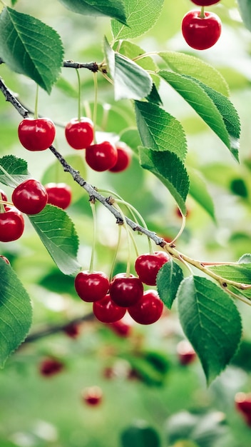 Photo red cherries growing on a branch of a tree with green leaves