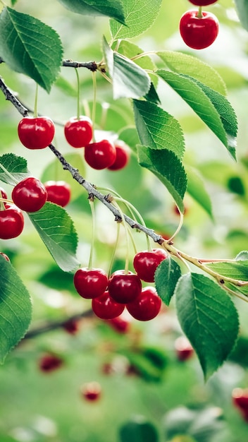 Red cherries growing on a branch of a tree with green leaves