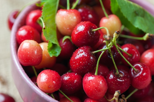 Red cherries in pink bowl on wooden board