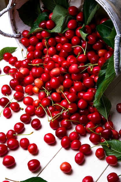 Red cherries in white basket.