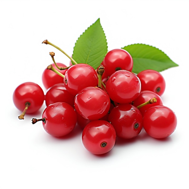 Red cherries with leaves isolated on white background