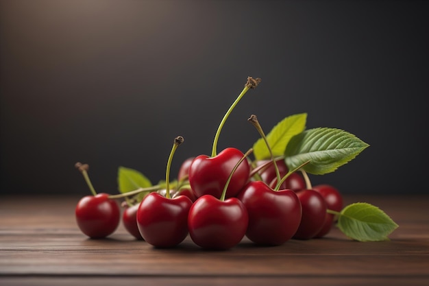 Red cherries on a wooden background Close up Selective focus ai generative