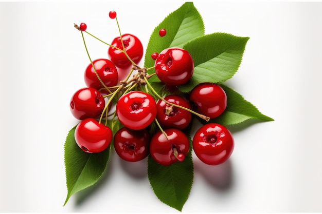 Red cherry berries in a group freshly picked isolated on a white backdrop