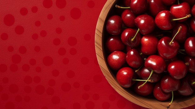 Red cherry bowl on a red background
