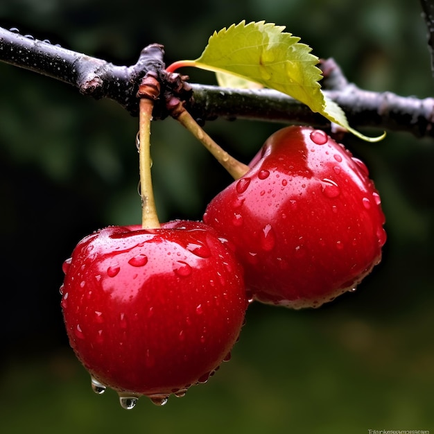 Red cherry on a branch in the sun