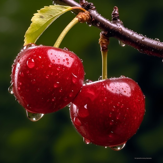 Red cherry on a branch in the sun