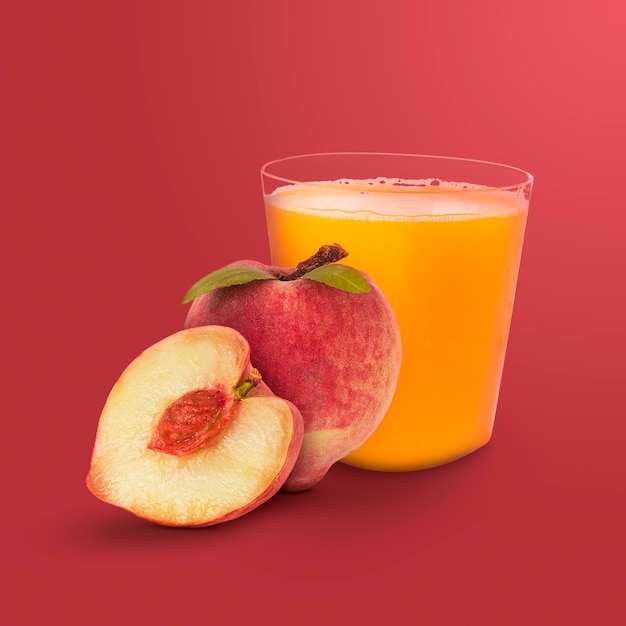 Foto succo di prugna rosso ciliegia con frutta isolata su sfondo rosso