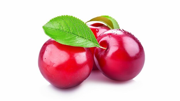 Red cherry plum with leaf isolated