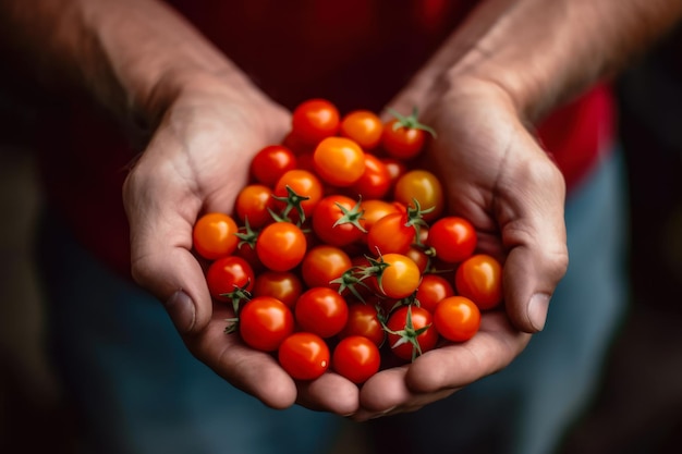 Red cherry tomatoes in hand generative ai