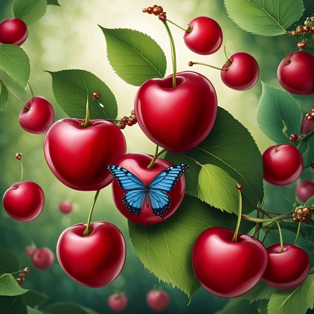 Red cherry with blue butterfly on green background