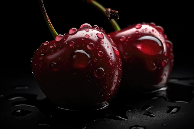 Red Cherry With Drops On Black Gradient Background Generative AI