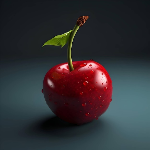 Photo red cherry with green leaf on black background 3d illustration