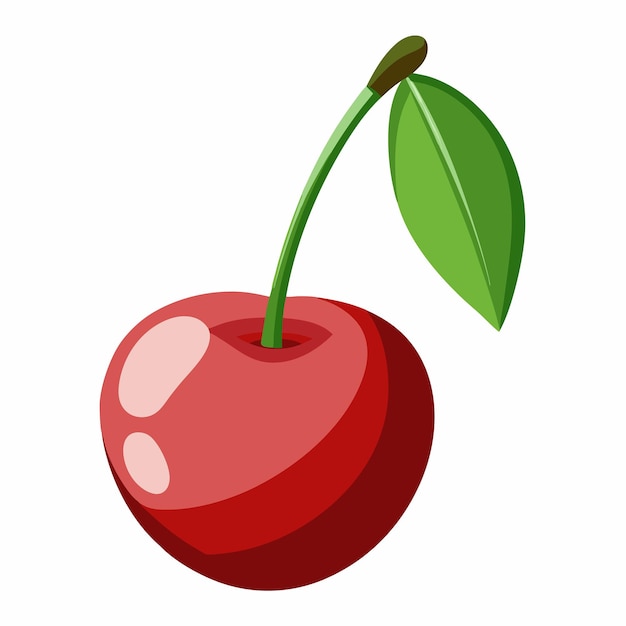 a red cherry with a green leaf on it
