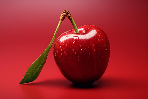 Red cherry with green leaf on red and blue background 3d illustration