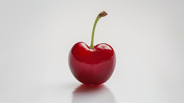 a red cherry with a green stem on it