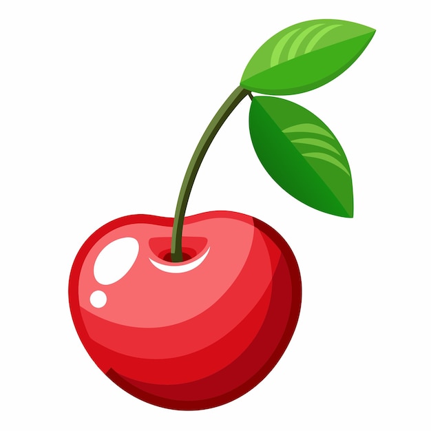 a red cherry with a green stem and a white background